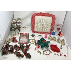Mixed Lot of Christmas Items Candles Napkin Rings Jewelry Pillow Ornaments Bear